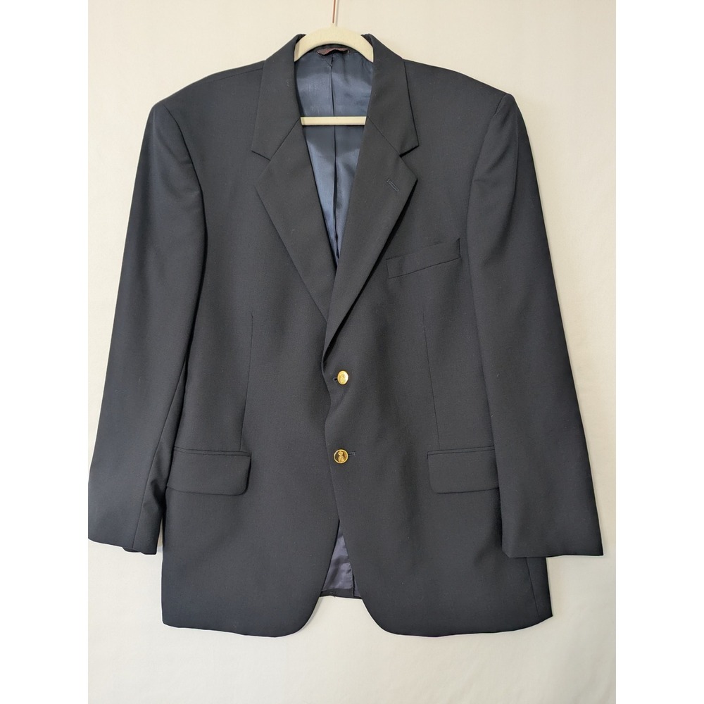 Savile Row Mens 44 Regular Black Wool‎ Blazer Gold Crest Buttons Formal